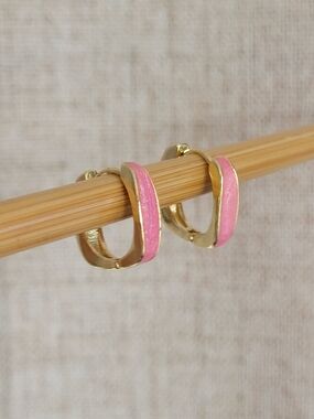 Gold & Pink Enamel Huggie Square Hoop Earrings